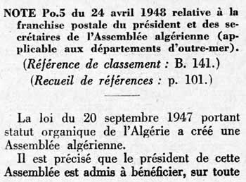 Circulaire conférent la Franchise postale à certains services de l'Assemblée Algérienne