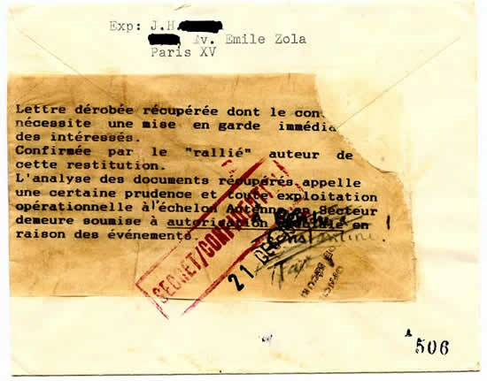 Lettre dérobée avec annotation FLN et commentaires DOP