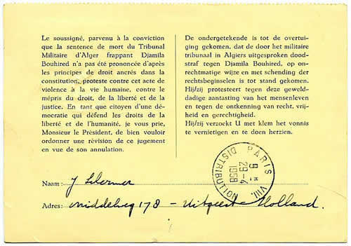 Carte Pétition pour Djamila Bouhired des Pays-bas