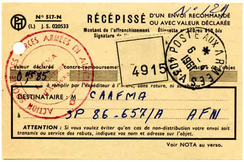 Récépissé d'envoi d'une lettre recommandée avec cachet de service "POSTE AUX ARMEES 403 A" de El-Biar