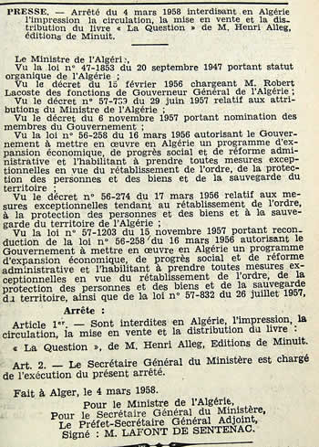 Arrêté Interdiction livre Henri Alleg