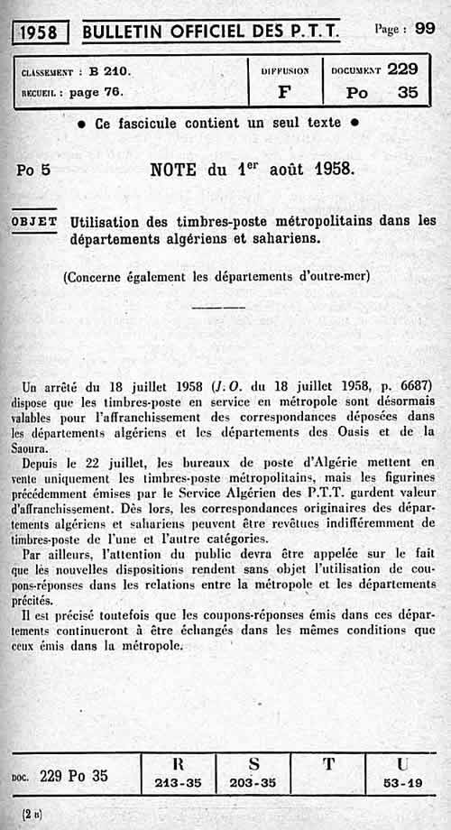 BO Note 1er Aout supprimant les timbres Algérie