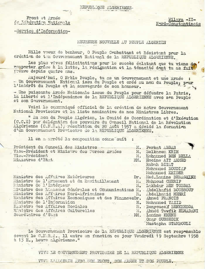 Communiqué annonçant le GPRA