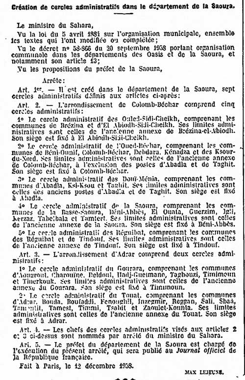 Création des Cercles Administratifs dans la Saoura