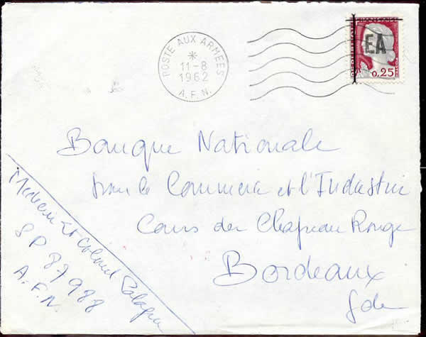 Timbre surchargé EA et utilisé par la Poste aux Armées française