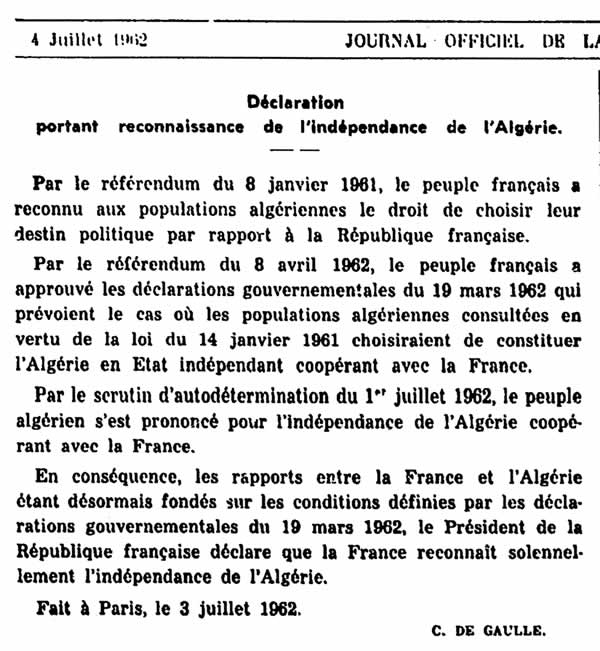 Reconnaissance indépendance de l'Algérie
