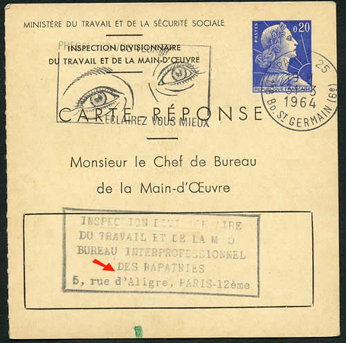 Entier postal Service de la main d'oeuvre, bureau des rapatriés