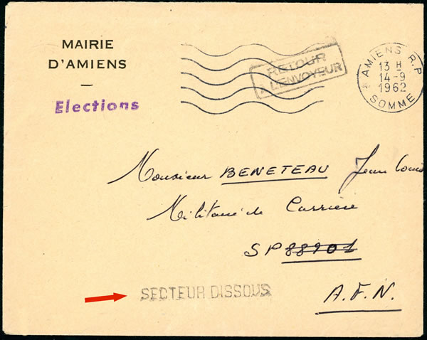 Lettre retournée à l'envoyeur avec griffe secteur dissous