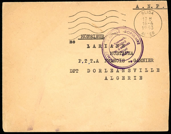 Lettre en franchise de l'Armée Nationale Populaire algérienne 1963