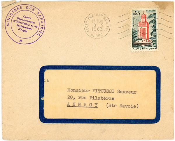 Lettre de l'antenne du Ministère des Rapatriés à Alger